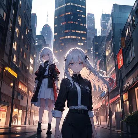 An anime-style scene set in a vibrant nighttime cityscape, filled with neon lights and the energy of a bustling urban environment. Two high school girls, both with silver hair, stand facing each other with a slight distance between them, poised for an inte...