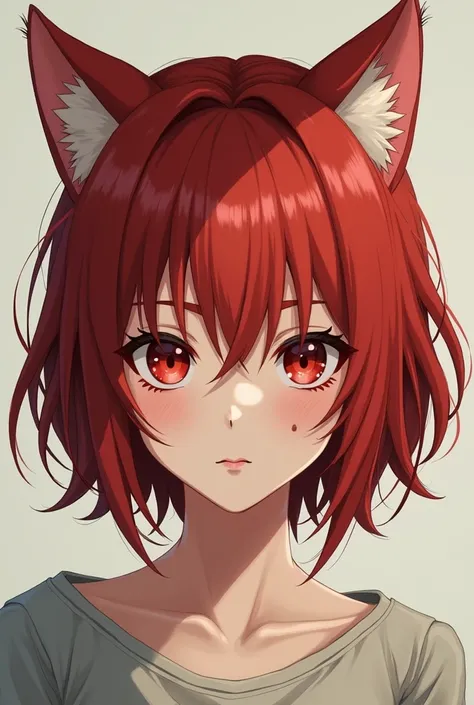 Female, 35 years old, have red eye, mole on the bottom side of left eye, nekomimi, shy and quiet girl, red short hair