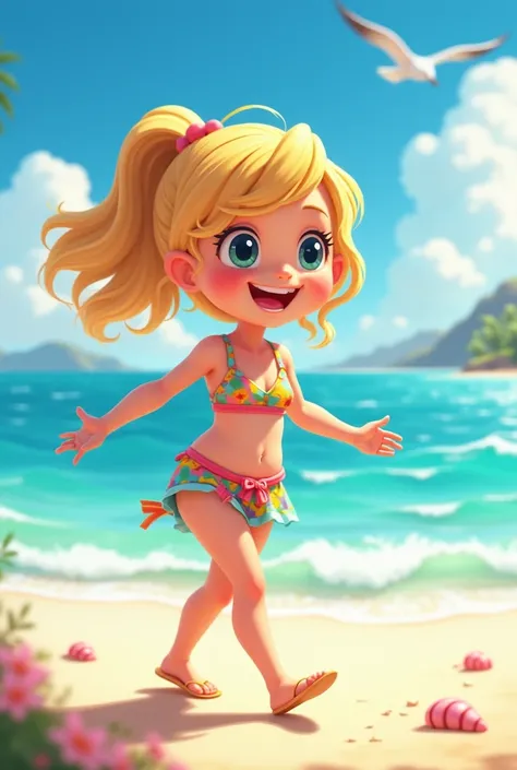 Seven years old sea view and smiling behind a blonde baby-faced girl strolling in a mini bikini on the beach