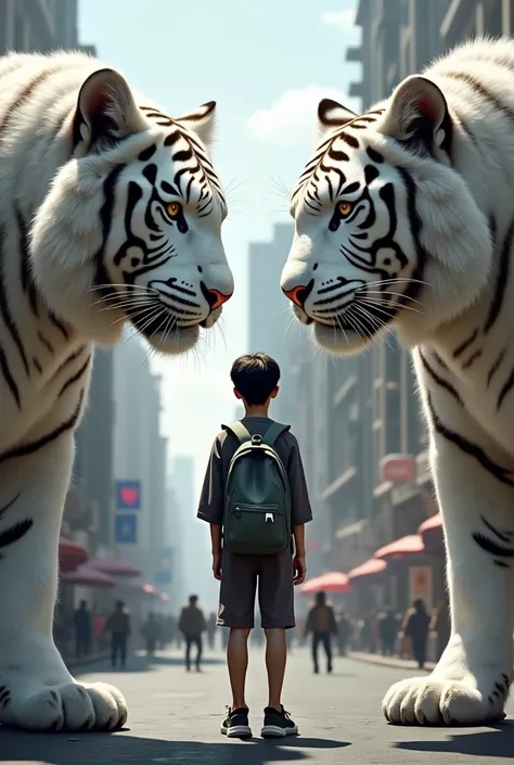 A teenager looks ahead of the street in the city with 2 giant white tigers