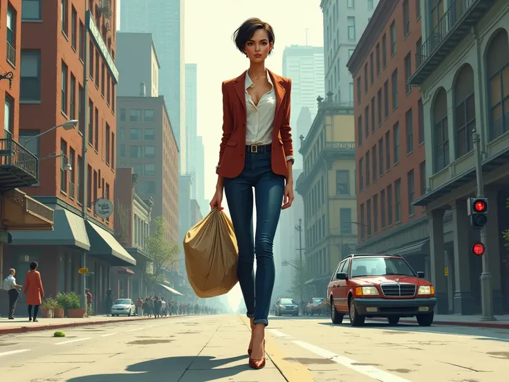 Design a stylish short-haired woman walking with a bag of garbage on the side of a city street with many buildings and dirty cities.