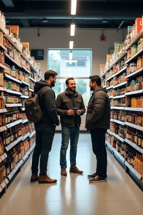 3 men beer shopping department store