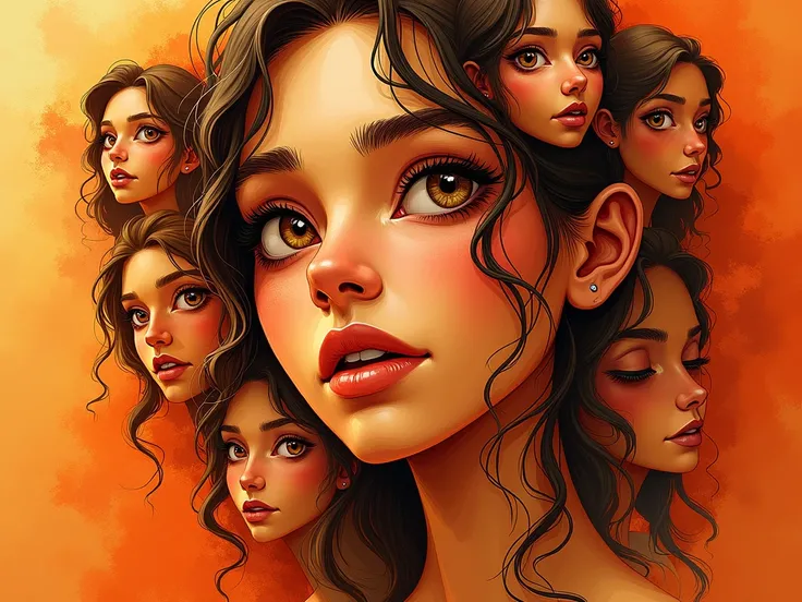  create a 4K 3D ,  orange tint with hand-drawn portraits