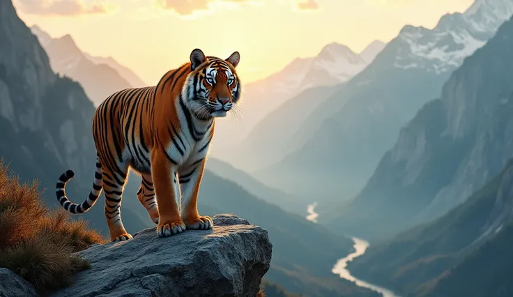 Create a highly detailed and realistic image of a Siberian tiger in its natural habitat. The tiger should be depicted with its striking orange and black stripes, showcasing its powerful physique and piercing blue eyes. Surround the tiger with a breathtakin...