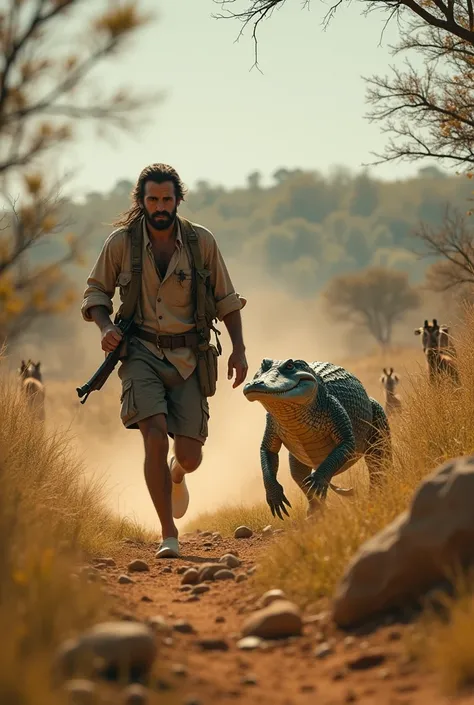 A hunter chasing gazelles spots a hungry and thirsty crocodile lost in the bush..