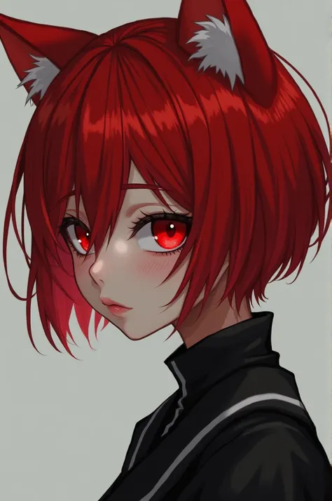 Female, 35 years old, red eyes, mope on the left side of eye, short red hair, nekomimi, shy