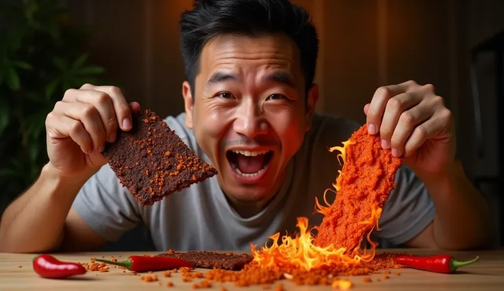 A realistic and visually engaging 16:9 scene featuring a Vietnamese man enthusiastically eating two types of spicy strips in a playful showdown titled Dải cay tử thần đọ sức với Dải cay ma quỷ (Deadly Spicy Strip vs. Devils Spicy Strip). The man has an exp...