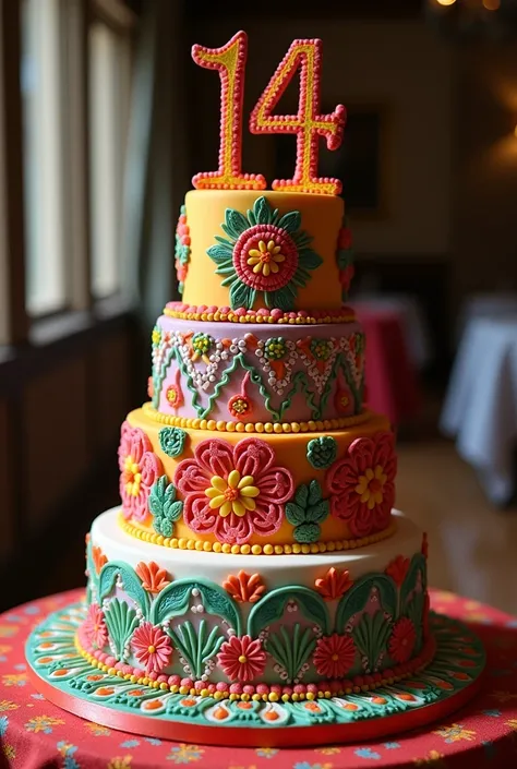 Multi-storey cake with the 14th anniversary number of my Peruvian folk dance group and with the name of the group CENTRO DE ARTE Y CULTURA "Peruvian heart"