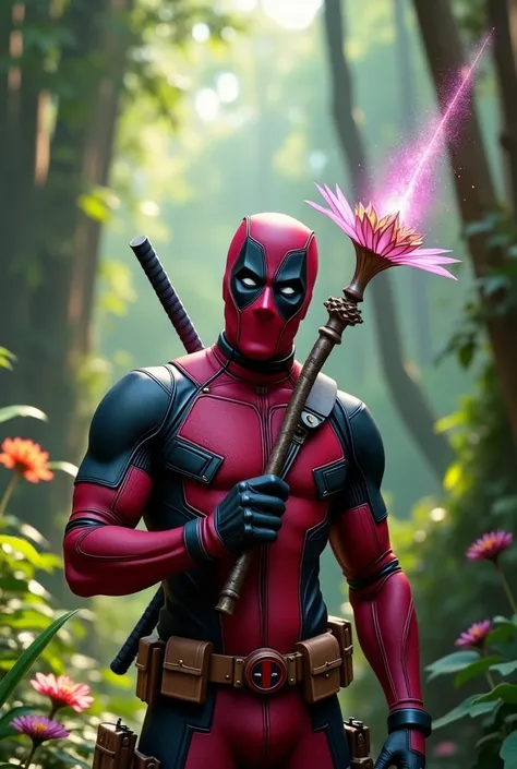 Subject:
"Deadpool holding a fairy magical stick.", hyper-Realism style, clear details, dappled light and shadow, ultra-realistic, 16K.

Scene:
"Set in a vibrant jungle with lush greenery, tall trees, and colorful flora."

Expression:
"Deadpool with a play...