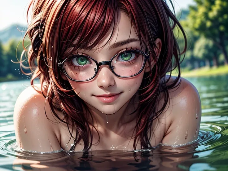  close-up , face. Short,  red hair ,  green eyes ,  metal-framed glasses , naked, wet, smiling girl in lake water.