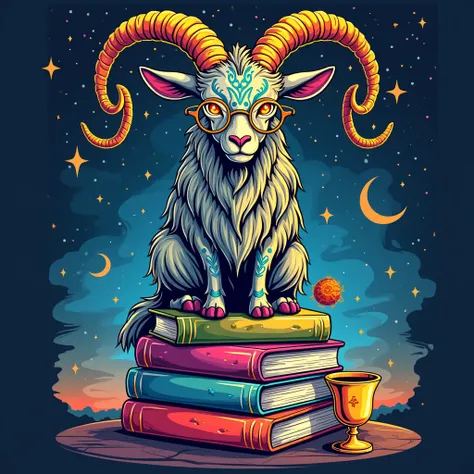 highly detailed,fantasy FLAT t shirt graphic featuring a mystical goat  atop a stack of colorful books,goat adorned with intricate ornamental patterns on its face and large,elegantly curved horns,wear glasses,have glowing expressive eyes,swirling patterns ...