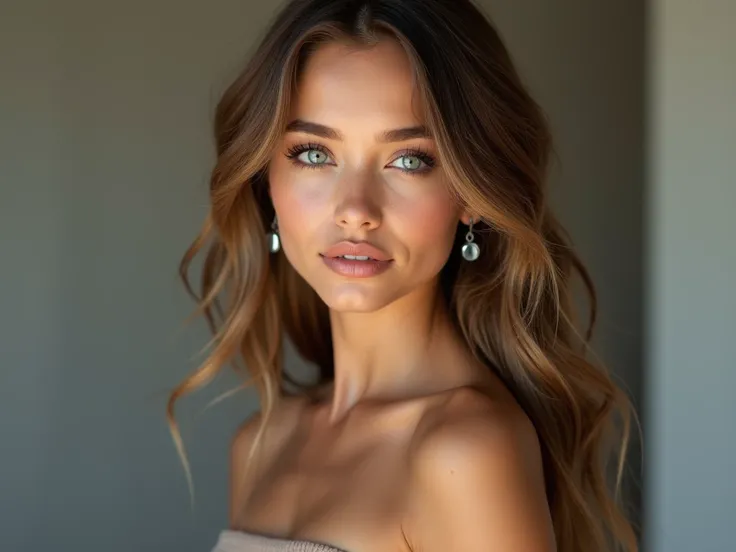  Create a photorealistic portrait of a 30-year-old girl with big blue-gray eyes.  Long light-brown hair with Hollywood waves .  The girl is wearing a gray-beige ribbed bandeau top .  Her skin color with a slight golden tan .  Poizon Drop round ribbed earri...