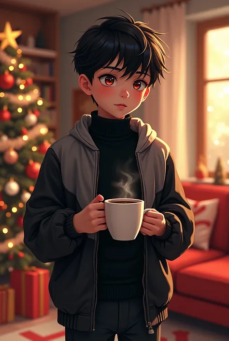  christmas ,  Christmas decoration , Bright room, Boy,  dark hair ,  beautiful black red eyes ,  bright smooth face ,  light smooth body ,  black turtleneck , black grey jacket ,  black pants ,  holds a mug of hot coffee , steam from hot coffee ,  soft cre...