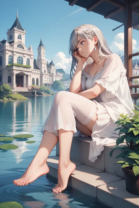  girl with gray hair sitting at the foot of a building in the distance {x} in white nightwear city night lake　Im sitting at the foot of a building in the distance