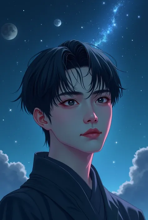 , but he looks like hes embracing the night sky, and his hair is thin and black, , dark eyes that shine like a bottle containing the Milky Way .  sharp eyes . Pure white skin. , shiny plum-colored lips . A man with towering nose . Hes a Korean male with a ...