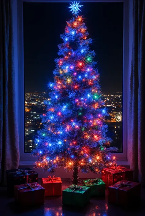 Christmas tree made of fiber optic bundles, Intensive, Shining blue and purple ,  amusement park ,  Lots of presents are placed under the Christmas tree,  The Christmas tree stands in a warm corner of the house , Festive mood, masterpiece,   Details,  fant...