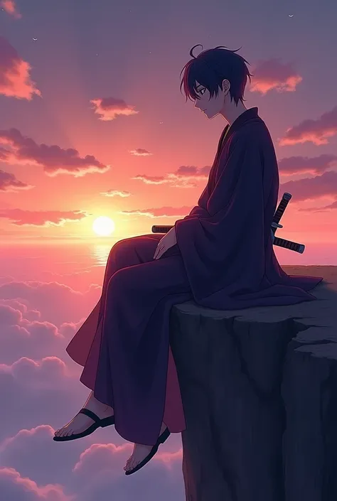 I want a picture of an anime guy, with curtain hair, slightly purplish black, wearing a slightly purplish black robe, and has a katana on his waist, and he is sitting on the edge of a cliff while looking at the beautiful evening sky