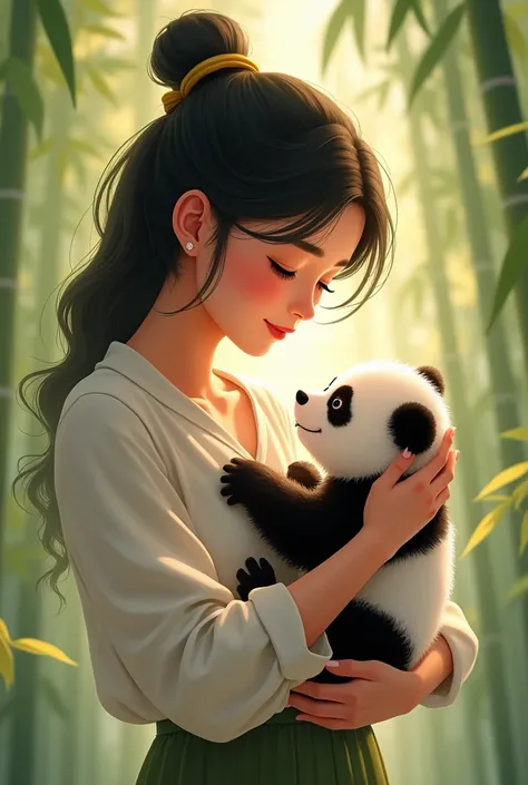 Scene 1: Ling meets Mochi*
Image prompt: A  (Ling) gently holding a tiny baby panda (Mochi) in her arms, with a warm smile on her face.