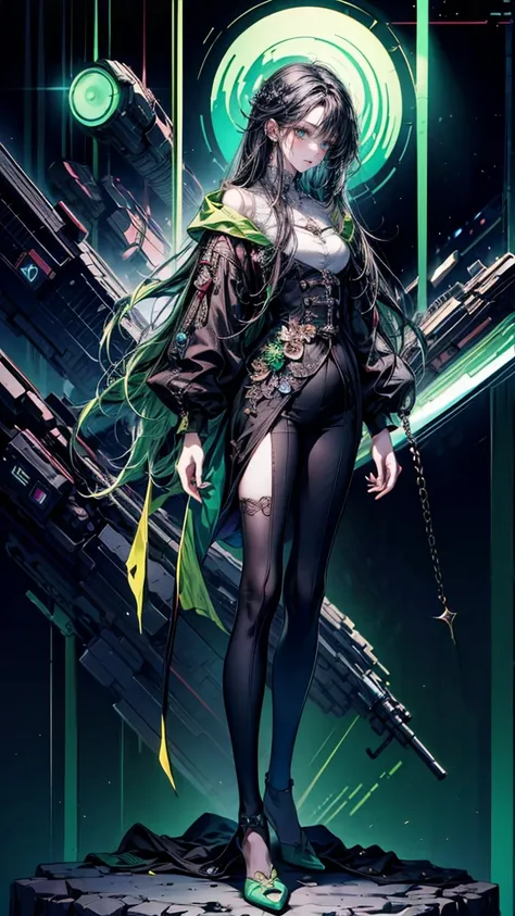 Full-body view, 8K resolution, high detail, around 20 years old, (one male), black hair with purple highlights, green eyes, sci-fi-style outfit, black attire with green accents, ((UHD, masterpiece, super detail, best quality, highres, 8k)), (detailed line ...