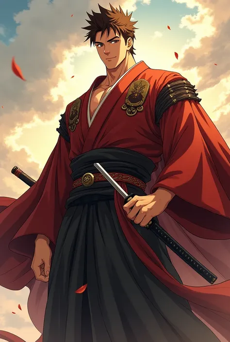 Create a picture of a light brown skinned man with spiky brown hair and brown pupils of the same shade.
6ft tall, handsome with a chiseled physique 
Wearing an imposing and regal brown themed Japanese hakima with a katana strapped to his waist
Standing str...