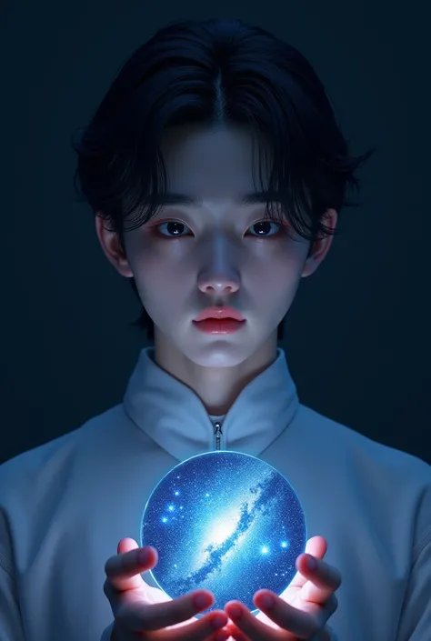 Im a Korean male student, but he looks like hes holding the night sky, and his hair is black and thin, Dark eyes that look like they contain the Milky Way.  sharp eyes . Pure white skin. , shiny plum-colored lips . A man with towering nose . Hes a Korean m...