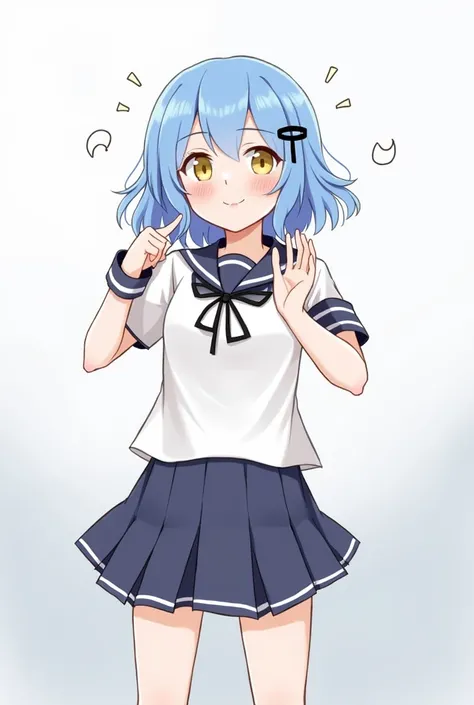  1 girl, high definition ,  shortcuts,  The bottom one is slightly curly ,Blue Hair, simple black barrette on the right side of the hair, yellow eyes, blue skirt,uniform,Black string ribbon , seems to be doing band activity ,Slightly slanted eyes,Ryo Yamad...