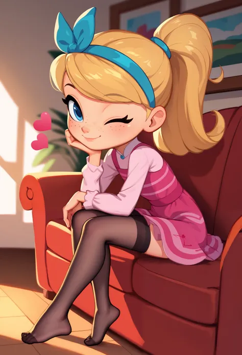1girl, full body, solo, young girl, 9- year old, penny peterson, long hair, blue eyes, freckles, blonde hair, skirt, hairband, cyan ribbon, ponytail, black sexy stockings, flirty hips, dress, pink dress, long sleeves, no shoes, score_9, score_8_up, score_7...