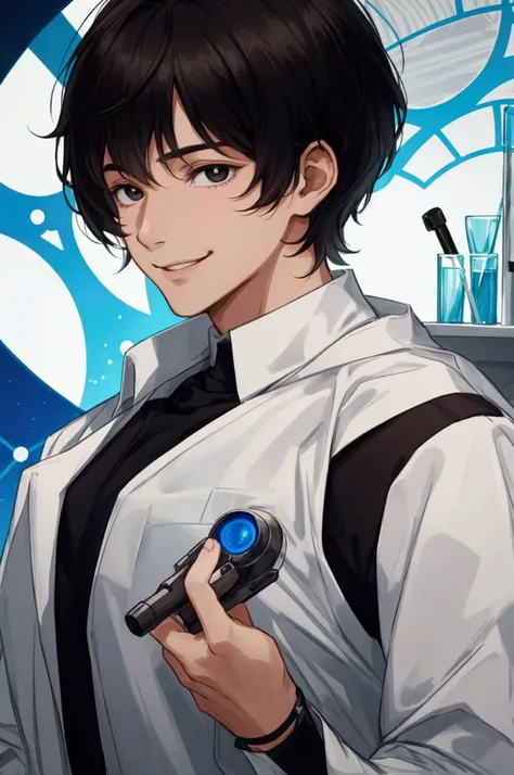 A young man with short hair and bangs, not styled, black hair, black eyes, is a scientist, smiling, in the science room