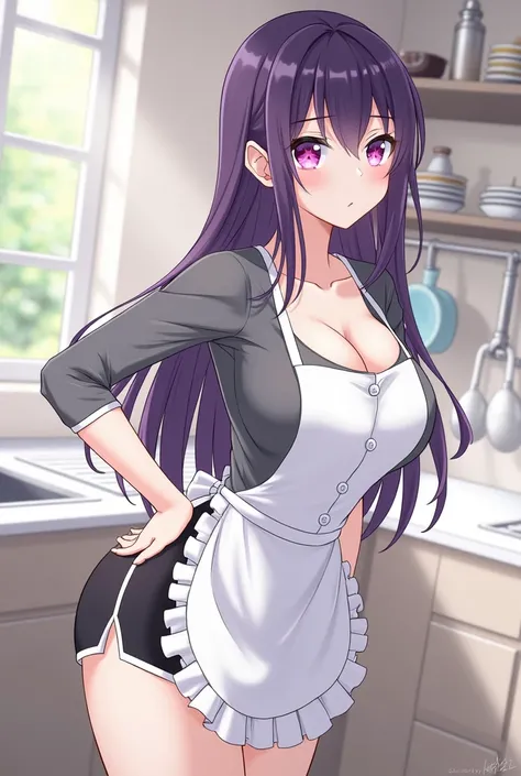  An adult woman has long dark purple hair with bright reflections,  big eyes of vibrant pink with a starry design .  He wears a tight 3-sleeve t-shirt /4 dark gray ,  a white apron with ruffles and black shorts with white details .  His chest is large and ...