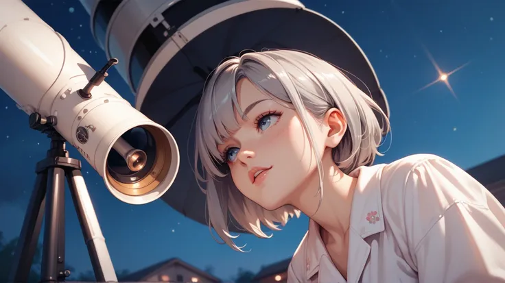  girl with gray hair in white pajamas city night　Looking through a telescope 