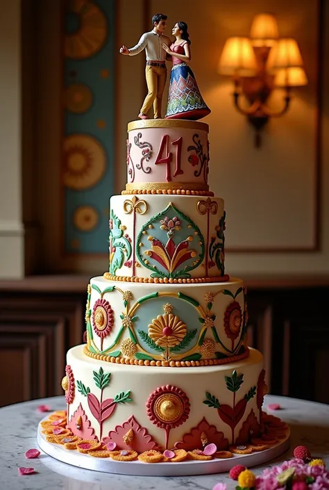 Multi-storey cake with the 14th anniversary number with the name CENTRO DE ARTE Y CULTURA "Peruvian heart" and an ornament of a Peruvian couple dancing 
