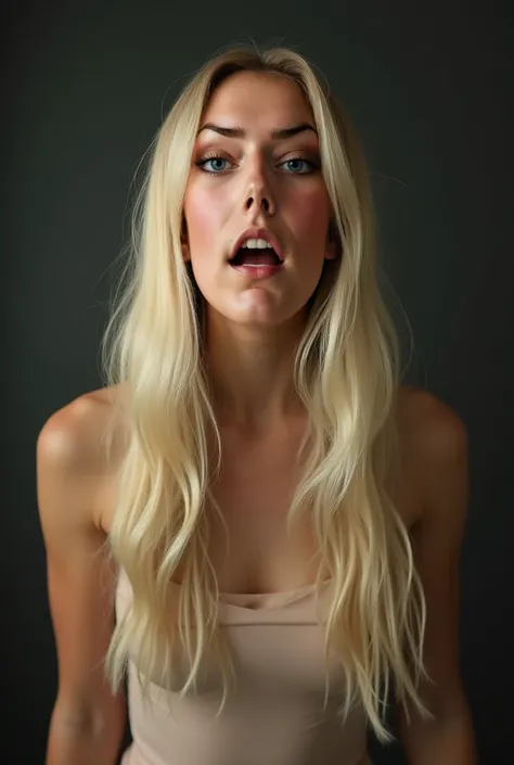 She is standing with a surprise reaction, open mouth, one eye close, screaming. Blond long hair, masterpiece, (8k, RAW photo, highest quality), hyperrealistic,