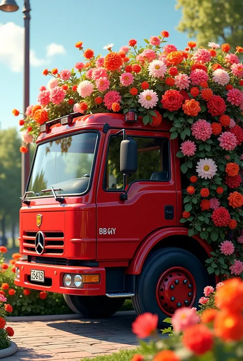 Beautiful fire truck painted red flowers 