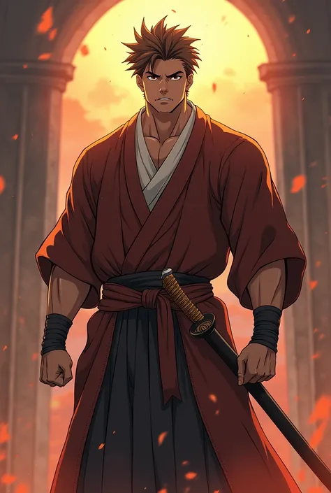 Create a picture of a light brown skinned man with spiky brown hair and brown pupils of the same shade.
6ft tall, handsome with a chiseled physique 
Wearing an imposing and regal brown themed Japanese hakima with a katana strapped to his waist
Standing str...