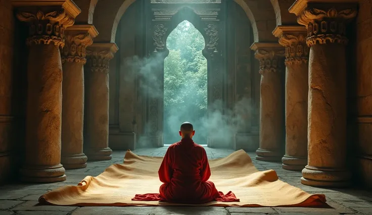 " monk wearing Rasa  (Kashaya )  red scrambler ( Book of Worlds
In an ancient monastery, a monk opens an ancient scroll, which shows images ,  moving like portals to other worlds . He understands,  that these worlds depend on his perception .)  Filmed with...