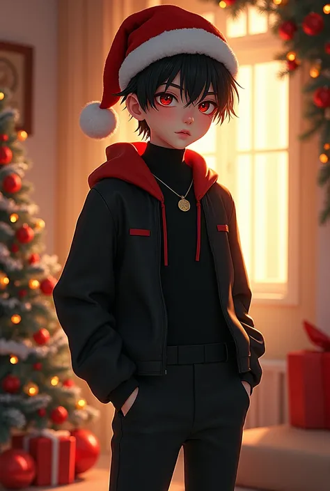  christmas ,  Christmas decoration , Bright room, Boy,  dark hair ,  red eyes ,  bright smooth face ,  light smooth body ,  black turtleneck ,  Christmas hat ,  black jacket ,  black pants , holds,  soft creamy warm shades, full-length audacity ,  sensuali...