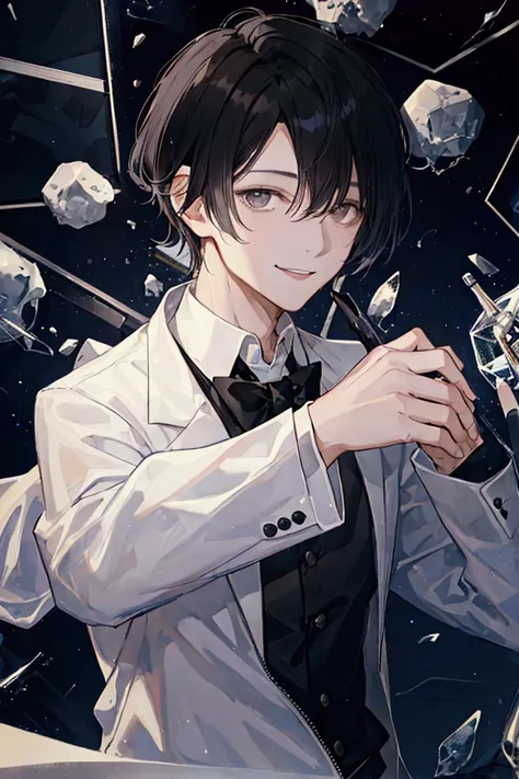 A young man with short hair and bangs, not styled, black hair, black eyes, is a scientist, smiling, in the science room