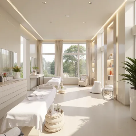 Prompt:
"An ultra-realistic, 4K image of a modern and elegant aesthetic clinic. The space features a clean, minimalist design with neutral tones, soft lighting, and luxurious decor. Treatment beds are neatly arranged with plush white linens, surrounded by ...