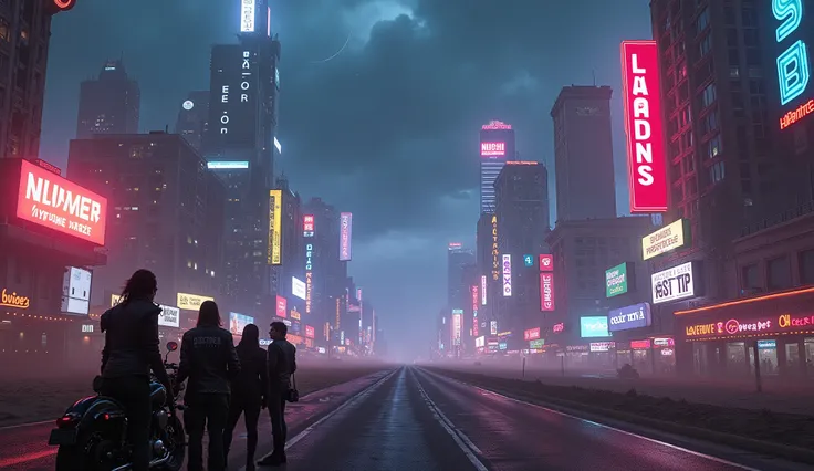 A vast, ruined city skyline glowing with vibrant neon signs and holographic billboards. In the foreground, a group of cyber-rockabilly rebels stand next to their futuristic motorcycles, with a desert highway stretching behind them. The sky is filled with s...