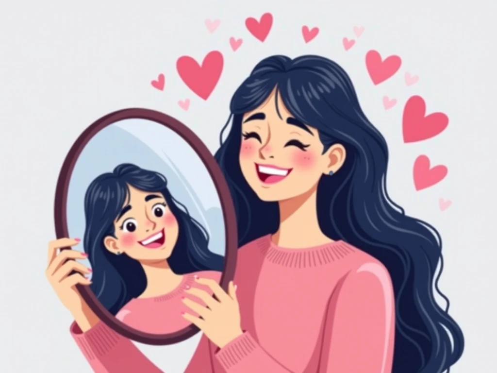 This image is a digital illustration with a cartoon style. The image shows a woman with long dark blue hair smiling while holding a mirror. The reflection in the mirror also shows her smiling. The woman is wearing a pink sweater, and the background is plai...