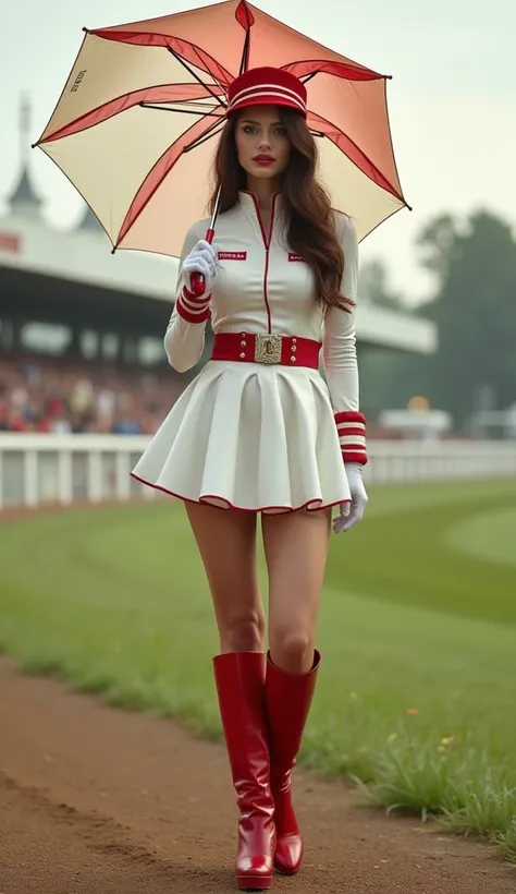 ((masterpiece, best quality)), high resolution, detailed skin, white skin, young beautiful Irish racing queen in white and red racing model enamel uniform, thigh high boots with 9 inch heels, full body female, wide and long beautiful legs, wide long legs, ...