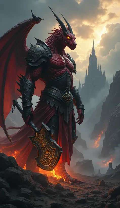 Create a highly detailed and atmospheric image of Kaelith Emberforge, the dragonborn warrior. He stands tall and imposing, with deep red and gold scales glistening in the dim light. His piercing amber eyes radiate determination as he grips his massive warh...