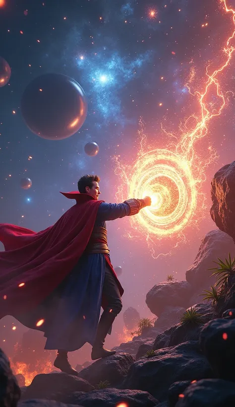 Create an ultra-detailed image of Doctor Strange and the Dark Side engaged in an intense battle in deep space, surrounded by a vibrant cosmic environment. The scene should feature dynamic energy blasts, magical sigils, and swirling cosmic anomalies, emphas...