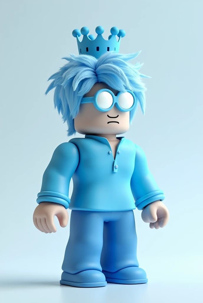 My character is a Robloxian , He has a sky blue shirt and also the sky blue pants ,  he has light blue hair and he wears white lenses and around the lenses he has like Azulito,  he has a crown on his head and has no head his head is transparent  
