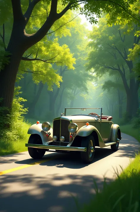 An early built car driving under decidous trees in summer