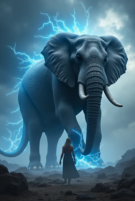 Create 32k ultra-realistic image of a separate, distinct representation of an elephant and a howling lightning dragon, placed in the same frame with a matching detailed, realistic background. The elephant appears in its original form, enormous and muscular...