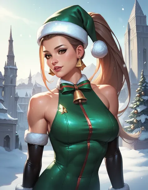 female sleeveless catsuit, bare shoulders, racerback, long gloves, toned arms, beautiful faces, white ponytail with showing forehead, long ponytail, earrings, soft smooth skin, pale skin, snow city background, brown eyes, sci-fi, christmas, wearing santa h...