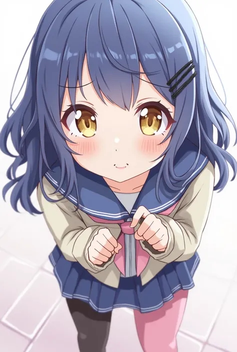  1 girl, high definition ,  shortcuts,  The bottom one is slightly curly ,deep blue hair , simple black barrette on the right side of the hair, yellow eyes, blue skirt,uniform,Black string ribbon , seems to be doing band activity ,Slightly slanted eyes,Ryo...