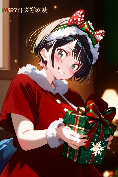 anime girl, christmas outfit, christmas background, gift in hands, smiling, embarrassed