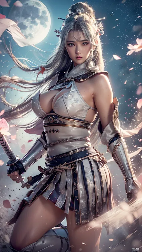 {best quality}, {very aesthetic}, {ultra-detailed}, nsfw、((seiza)) 、(())、A sexy female character wearing white and milky armor as a warrior from the Sengoku period、It sticks out a huge spear、((holding large bloody scythe))、((realistic))、((drill hair))、((Si...